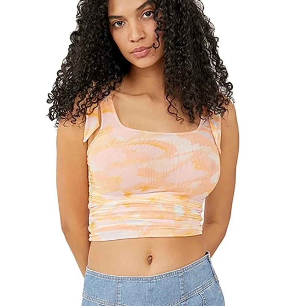 Free People L‎ Avenue Ivory Orange Ruched Mesh Tie Dye Tank Top Boho Summer NWT